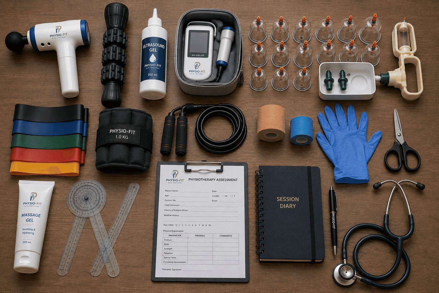 Physio-Fit clinical assessment and rehabilitation equipment flat-lay